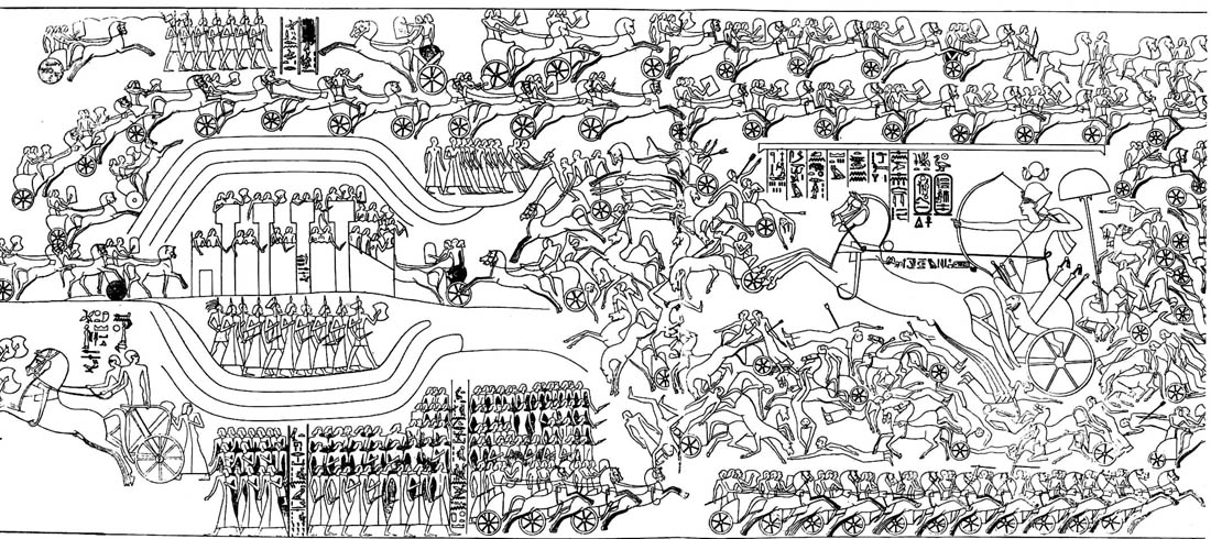 上图:主前1274年的加低斯战役(Battle of Kadesh),是人类历史上最早有详细记录的战役。关于这次战役的记录指出,古埃及法老拉美西斯二世(Ramses II,主前1279-1213年在位)的军队分成4个师(Division),每个师分成20个连队(Company),每个连队分成5个排(Platoon),每个排有50人。因此,「千夫长、百夫长、五十夫长、十夫长」的组织模式很可能并不是源于埃及军队的模式,而是米甸祭司叶忒罗的建议。