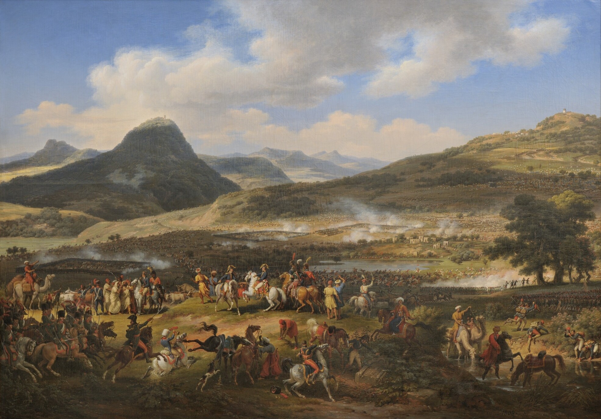 上图:描绘1799年4月16日拿破仑他泊山战役(Battle of Mount Tabor)油画。拿破仑在远征埃及时,4千法军在他泊山下的耶斯列平原阻击奥斯曼土耳其援军3万千人,最终取胜。当时基顺河平原也泛滥,一些土耳其人在逃跑时淹死。