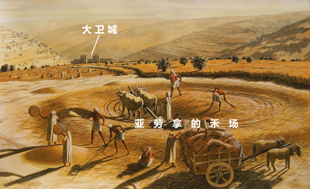 上图:艺术复原图:从摩利亚山上的亚劳拿的禾场俯瞰大卫城。亚劳拿的禾场只是很小的一片地方,所以大卫用「五十舍客勒银子」就买了那禾场与牛(撒下二十四24)。但建造圣殿需要整个摩利亚山头,所以后来大卫又支付了「六百舍客勒金子」(代上二十一25)。「亚劳拿」又名「阿珥楠」(代上二十一15)。在华人基督徒网站、甚至讲台上流传着一种「犹太人的传说」,认为「亚劳拿」和「阿珥楠」是彼此相爱的兄弟俩,他们的爱甚至感动了神,所以大卫挑选这块地建造圣殿,不少牧者甚至还引申出「阿珥楠的禾场」的教导。但这种传说在犹太人中找不到出处,在西方教会流传得也很少,只是一则来自不明的心灵鸡汤,不但与救恩毫不相干,还会高举人的爱心、混淆神借着摩利亚山显明的属灵真意:救恩完全是「耶和华以勒」。