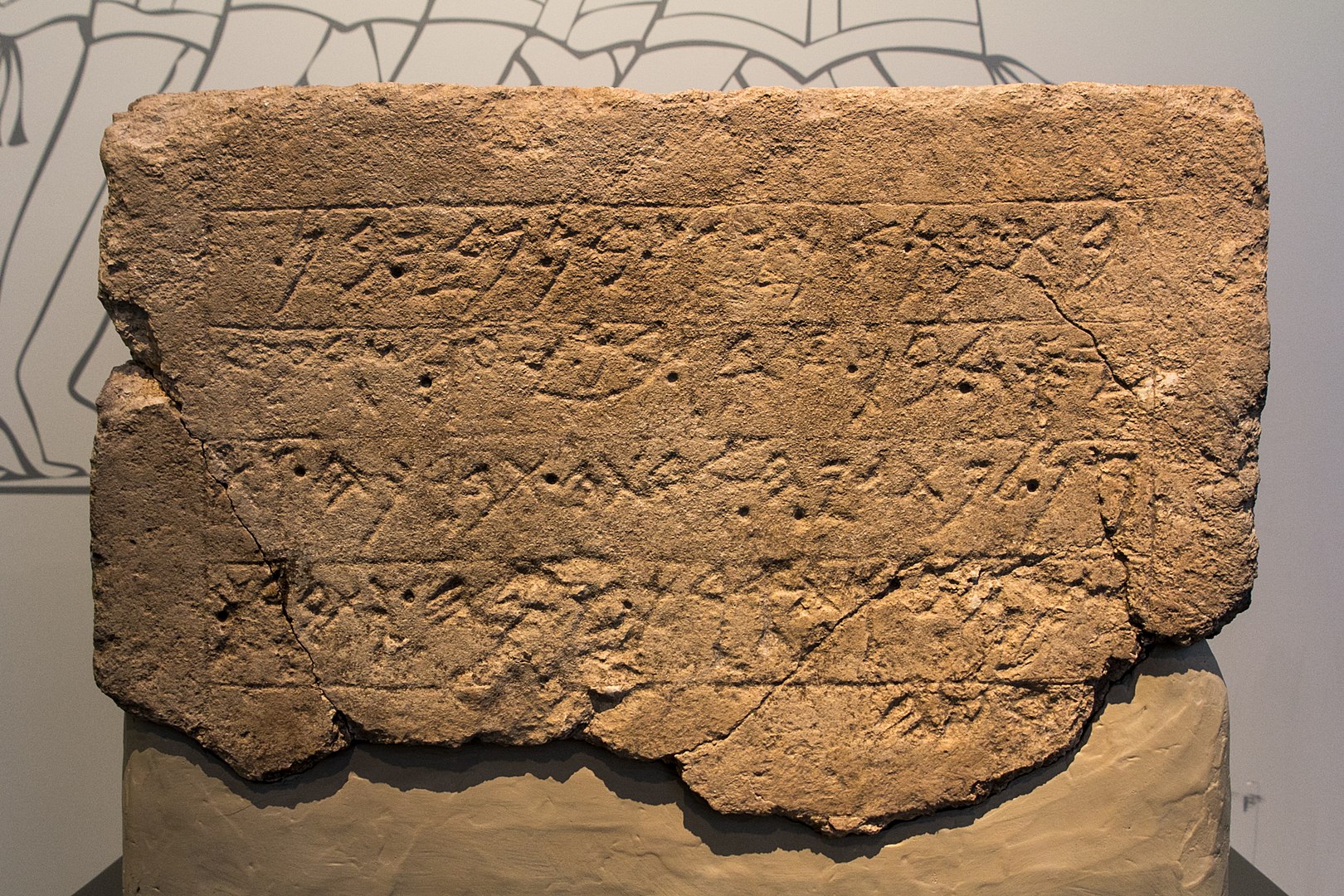上图:1996年在以革伦遗址出土的主前7世纪早期王室奉献碑文(Ekron Royal Dedicatory Inscription),现存于以色列博物馆。碑文上刻着以革伦的名字,因此确定了以革伦遗址的准确位置。
