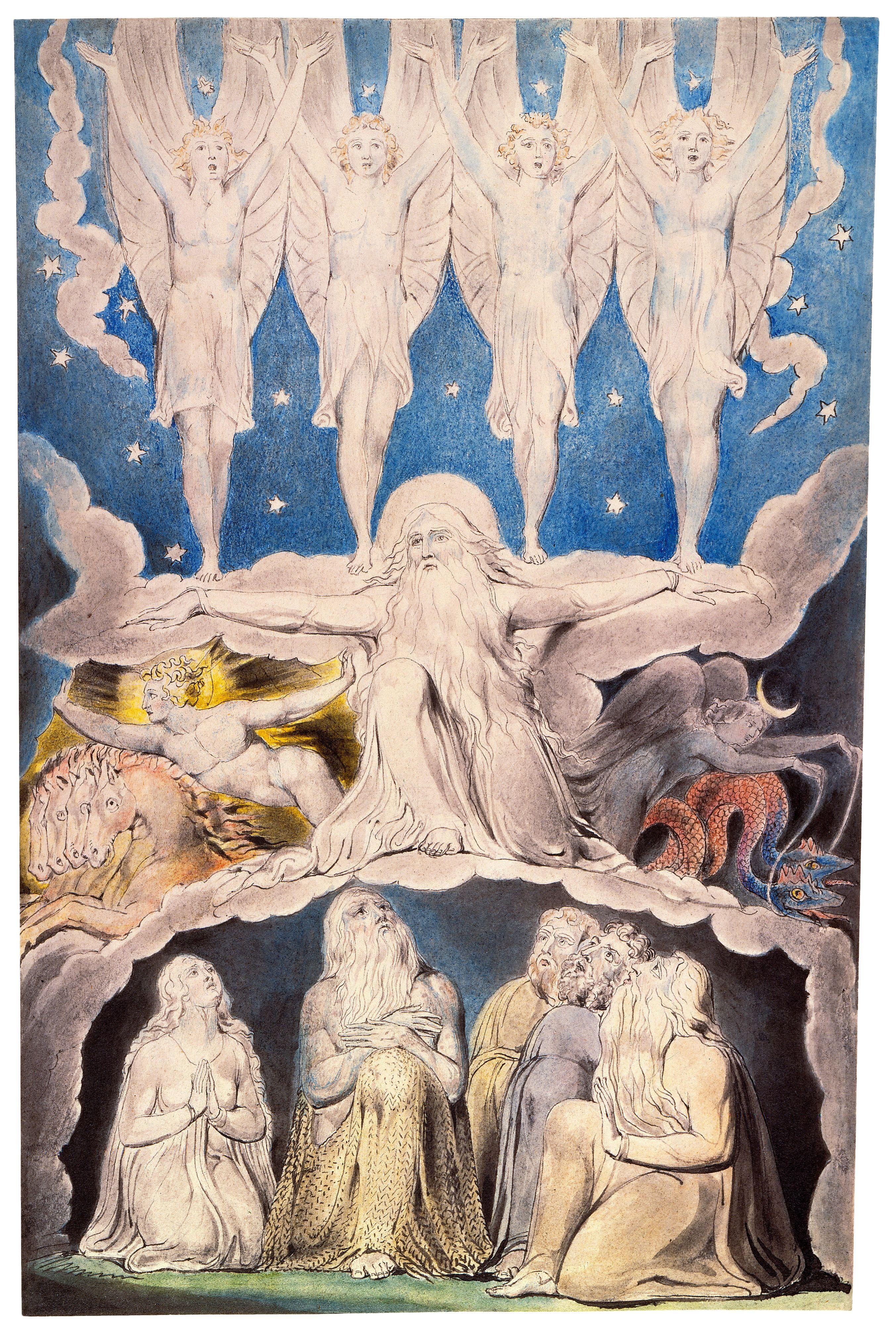 上图:英国诗人、画家威廉·布莱克(William Blake,1757-1827年)的版画《当晨星一同歌唱 When the Morning Stars Sang Together》,描绘「那时,晨星一同歌唱;神的众子也都欢呼」(伯三十八7)。
